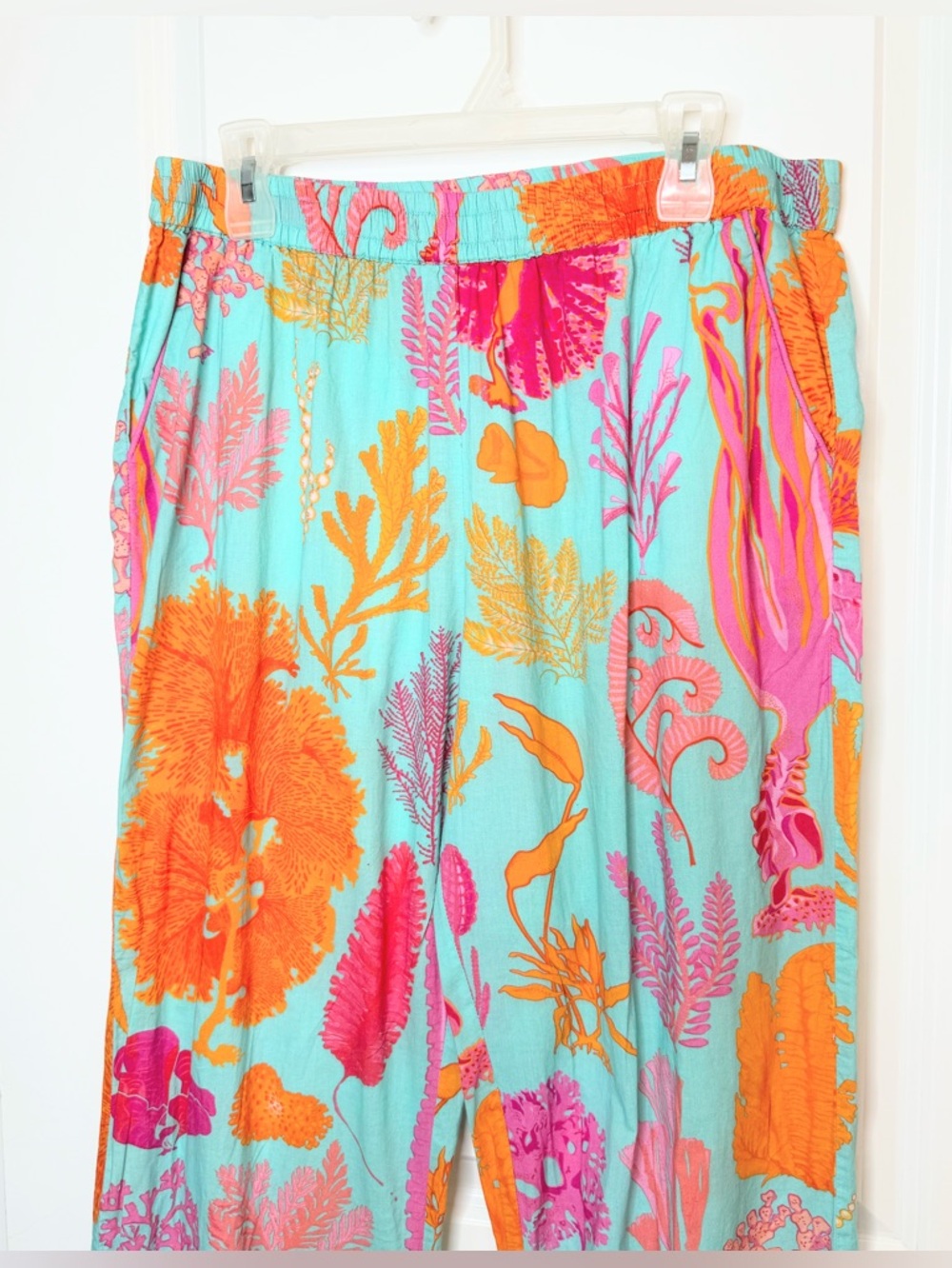Gretchen Scott 2 Pc Set XL Aqua Pink Orange Coastal Print Top Pants Resort - Picture 8 of 11